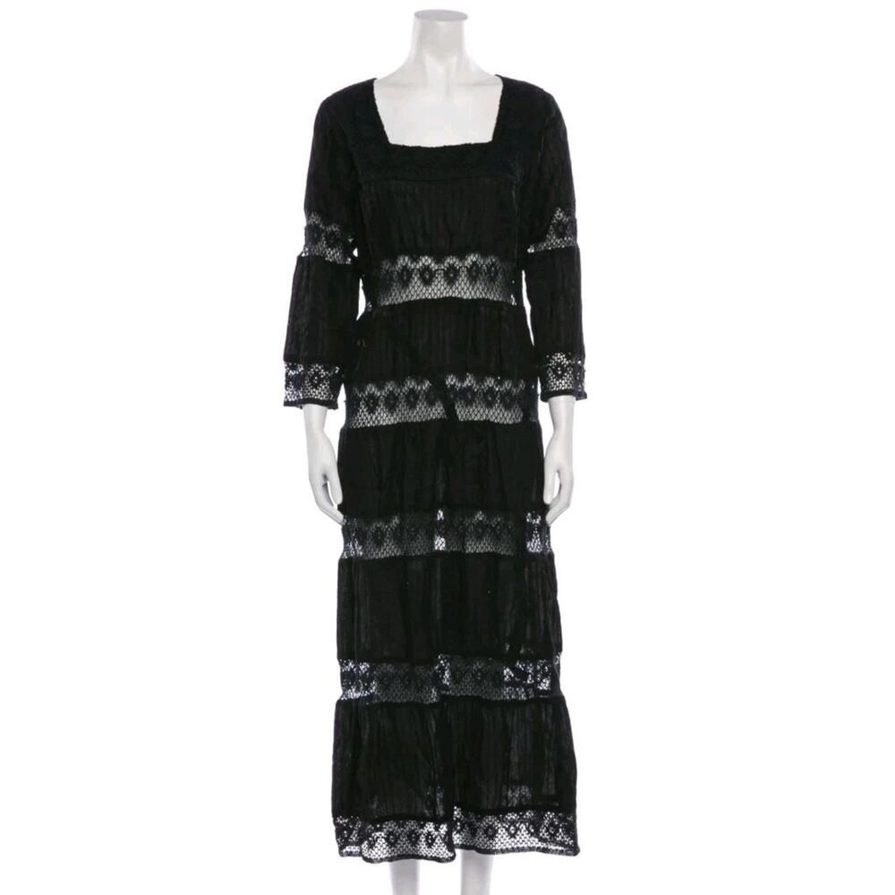 Cynthia Cazort Collins Resort Dress Lace Pattern Long Black Sz M Medium (V5